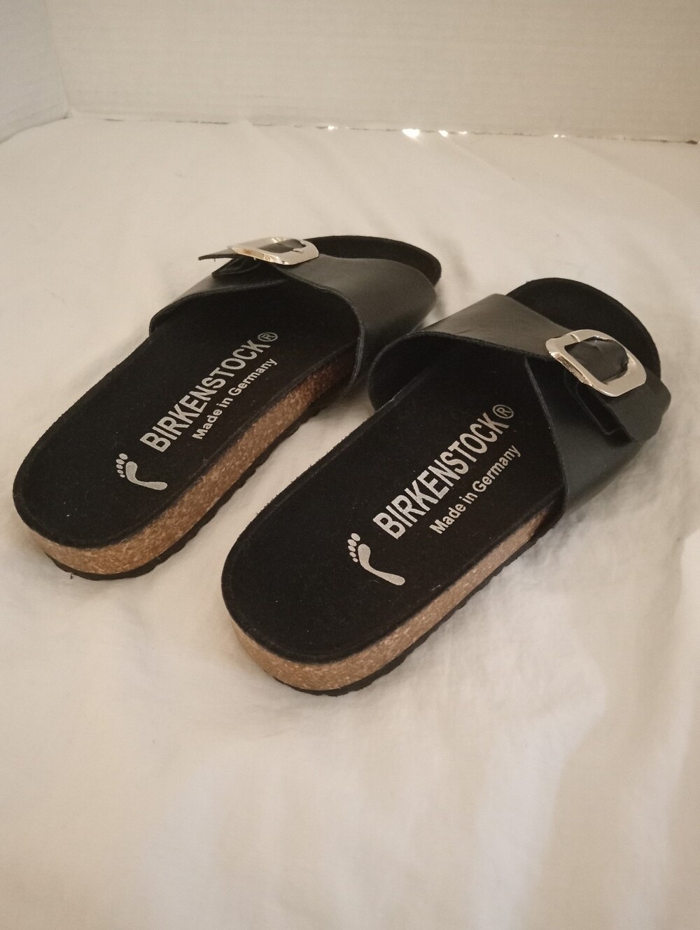 Birkenstock Black Single-Strap Leather Slide Sandals with Silver Buckle